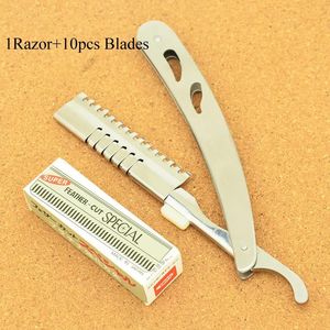Blades Meisha Stainless Steel Folding Shaving Razor Salon Hair Cutting Shaving Knife Hair Removal Shaver Barber Grooming Tool + 10pcs Bla