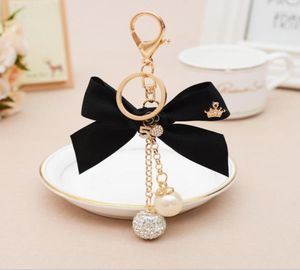 Keychains Elegant Ribbon BowKnot Crystal Ball Crown Keychain For Women Girl Cute Pompom Fur Key Chain Bag Charms Keyring Party Gi5654968