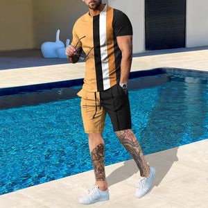 Abito da uomo di moda estiva Pantaloncini da spiaggia casual Set T-shirt a maniche corte con stampa 3D a righe Girocollo 2 pezzi Abiti Abbigliamento uomo 240102