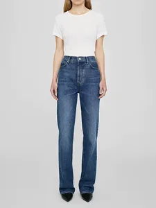 Kvinnors jeans hög midja v kvinnor blixtlås bakbrev logotyp avslappnad kvinnlig långa denim byxor 2024 höst mode