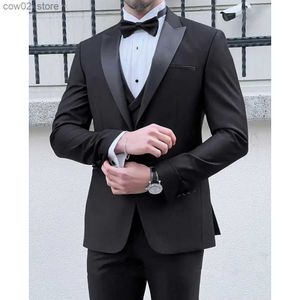 Men's Suits Blazers 2023 New Wedding Men Black Satin Peaked Lapel Suits Business Casual Formal Come Homme Slim Fit 3 Pcs Set Jacket Vest Pants Q230103