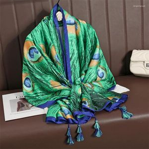 Lenços luxo pavão seda xale lenço mulheres impressão design pashmina neckerchief envoltório 2024 cabeça muçulmana turbante bandana foulard echarpe