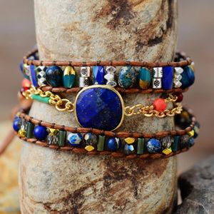 Bangle mais recente 3 Strand Geometric Wrap Pulseiras Pedras Naturais Lapis Cadeia Frisada Cord Braclet Mulheres Irmãs Bohemia Jóias Bijoux