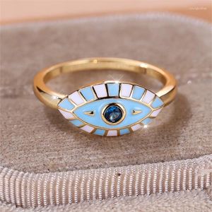 Anéis de cluster vintage amarelo azul esmalte único olho para mulheres antigo cor de ouro metal redondo pedra zircon casamento bandas festa jóias cz