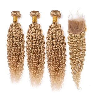 Wefts Pure 27 Honey Blonde Indian Human Hairves with Closure 3 bundles Kinky Curly Light Brown Virgin Hair Wefts with Lace Closure 4