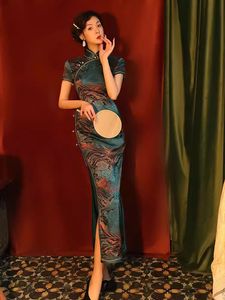 Kadınlar Floral Cheongsam maxi elbise seksi uzun bölünmüş Çin qipao ince akşam parti elbise