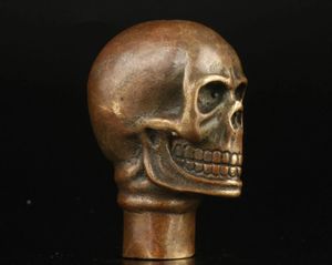 Crafts Asian Chinese Old Bronze Handmade Carved Skull Statue Walking Stick Head