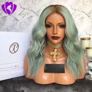 Wigs Hotselling mint green Color short bob wig body wave Soft ombre lace front synthetic wig Heat Resistant Fiber Women wig