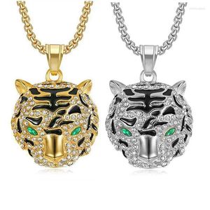 Chains ULJ HIPHOP Jewelry Stainless Steel Color-Preserving NO Rust Gold-plated Rhinestone Tiger Head Pendant Necklace