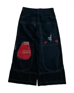 Damen Jeans JNCO Y2k Harajuku Goth Cartoon Känguru bestickte Baggy schwarze Hose Damen hohe Taille breite Hose Streetwear