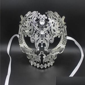 Party Masks Masks Wholesale Black Fl Face Skl Men Women Metal Laser Cut Sier Masquerade Party Gold Red Ball Rhinestone Prom Venetian D Dhyqm