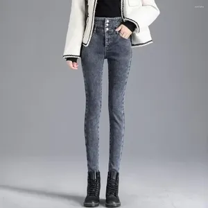 Calças femininas Mulheres Lápis Apertado Aconchegante Jeans de Inverno para Cintura Alta Forro de Pele Falso Slim Fit Botão Fechamento Calor Macio