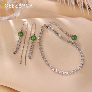 Pendants GEEZENCA S925 Silver Phoenix Tail Chain Green Jasper Long Dangle Earrings Bracelets For Women Simple Trendy Gemstone Jewelry Set