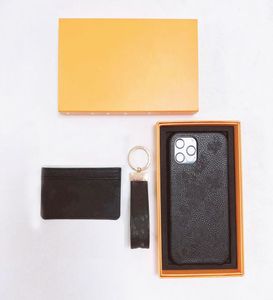 Conjunto de 3 peças de chaveiros com porta-cartões para iPhone, capas de telefone, luxo, moda, couro, mulheres, homens, presente, conjunto ix14pro max com caixa 7 co8966274