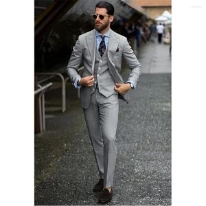 Men's Suits Grey Blazer Single Breasted Peaked Lapel Formal 3 Piece Jacket Pants Vest Slim Fit Business Outfits Ropa Hombre 2024