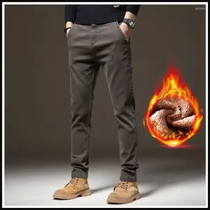 Men's Pants Brand Clothing Winter Fleece Warm Casual Men Cotton Elastic Waist Brown Grey Twill Work Slim Flocking Cargo Trousers Male