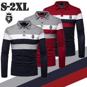 Herren-Poloshirt mit langen Ärmeln, bedruckter Löwe, dreifarbiges Block-Oberteil, Golf-Shirt, lässiges Revers-Top für Herren, Herrenkleidung 240103