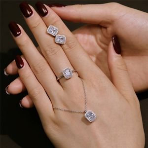 luxury wed designer jewelry set for woman 3pcs/set necklace earring ring 925 sterling silver white pink zirconia square snake oval necklaces rings earrings gift box