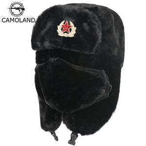 CAMOLAND Soviet Army Military Badge Bomber Hat Men Women Russia Ushanka Hats Faux Rabbit Fur Earflap Snow Caps Trapper 240103