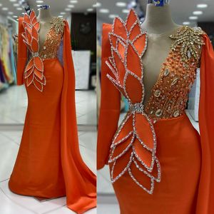 Laranja elegante vestidos de noite mangas compridas sheer neck sereia vestidos de baile para ocasiões especiais com envoltório frisado feito à mão flores vestido de festa de aniversário ST740