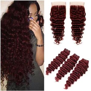 Wefts Deep Wave Brasilian Wine Red Human Hair Bunds med toppstängning färgad #99J Bourgogne 4x4 spetsstängning med jungfru hårvävbulle