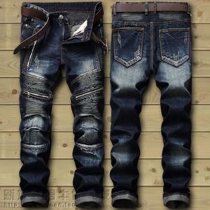 Drop Fashion Biker Jeans Mens Angustiado Stretch Rasgado Hip Hop Slim Fit Buracos Punk Denim Calças de Algodão 240102