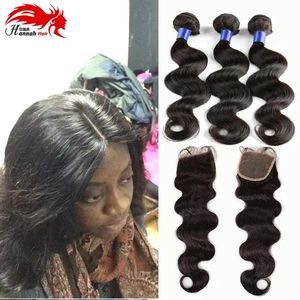 Wefts Hannah product Brazilian Body Wave 3 Bundles With Closure Soft Human Hair Weft with Closure Mink Brazilian Virgin Hair With Closur