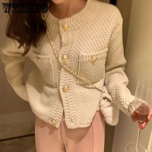 WTEMPO Elegante Strickjacken Französisch Stil Vintage Gold Knöpfe Pullover Frauen Herbst Winter Lässige Kurze Mäntel Strickwaren 240103