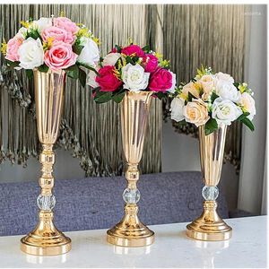 Titulares de vela de metal casamento flor trompete vaso com mesa de cristal mesa decorativa peça central altura arranjos artificiais qq410