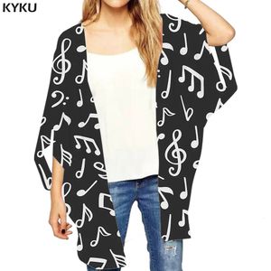 KYKU Music Loose Kimono Women Note Open Stitch Blouse Black Ladies Shawl Harajuku Clothes Gothic Shirts Clothing 240102