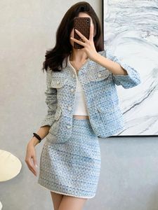 Arbeitskleider Herbst Winter Perlen Perlen Woll Zweiteiler Set Damen Einreiher Blau Tweed Kurze Jacke Mantel Bleistift Minirock Anzug