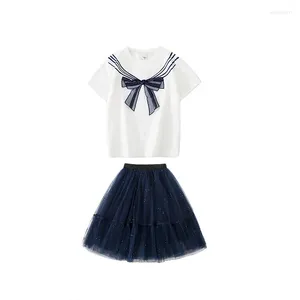 Clothing Sets Teenage Girls Skirt Set Summer 2024 Student School Costume Fashion Children White T-shirts With Bow Lace Tutu Skirts Two