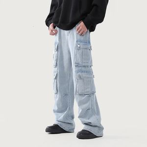 Men's Cargo Jeans Multi Pocket Denim Trousers Male Fashion Streetwear Jogging Casual Jean Men Loose Straight Leg Pants 240103