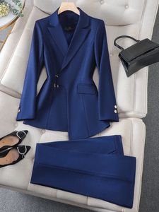 Brown Navy Black Ladies Formal Pant Suit Women Jacket And Trouser Female Business Work Wear 2 Piece Blazer Set For Autumn Winter 240103