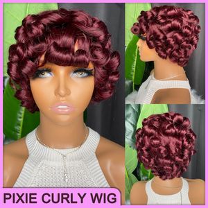 Pixie Cut Curly Short Bob Bang Wig Wine Red 100% Remy Raw Hume Hair Loose Wave Brasilian Indian For Black Women