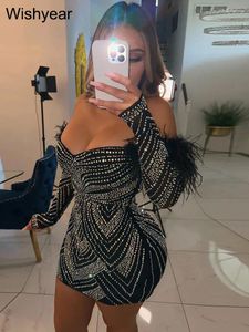 Casual Kleider Wishyear Luxus Langarm Bodycon Mini Off Schulter Kristall Kurzes Abendkleid Strass Sexy Club Sparkly Party Geburtstag