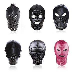 BDSM Sex Black Pu Leather Head Bondage Hood Mask Open Eye Mouth With Erotic Par Flirting Toys Justerbar cosplaysele 240102