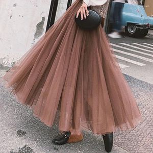 Spódnice yiber 3 -Layers siatka długa tiulowa spódnica linia moda wysoka talia elegancka koreańska letnia elegancka gaza gazy tutu kobiety
