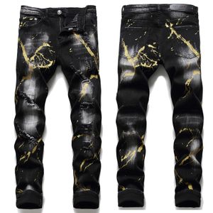 Light Luxury Men's Graffiti Prints Ripped Jeans Slim-fit Scratches Black Jeans White Wash Stretch Denim Pants Casual Jeans; 240103