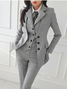 Женский винтажный офисный костюм высокого качества, женская рабочая одежда, OL, брючные костюмы, формальный женский пиджак, куртка, жилет, брюки, комплект из 3 предметов 240102