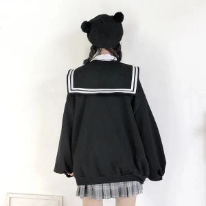 Deeptown kawaii zip up hoodies 검은 일본 프레피 스타일 세일러 칼라 스웨트 셔츠 달콤한 로리타 코트 느슨한 귀여운 탑 소프트