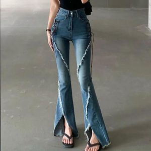 Vestidos High Street Vintage Lace Up Skinny Flare Jeans Mulheres Primavera Verão Cintura Alta Slim Raw Borda Costura Split Denim Calças Q196