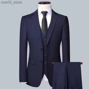 Herrdräkter Blazers 2023High-kvalitet Solid Color (Suit + Vest + byxor) Herrens affärsformella kostym 3/2 Business Suit Bridegroom och Best Man Q230103