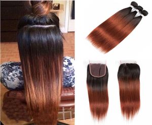 Brasileiro ombre tecer cabelo humano 3 pacotes com fechamento t1b 33 escuro ruivo em linha reta pacotes de cabelo virgem com fechamento de renda mid3185008