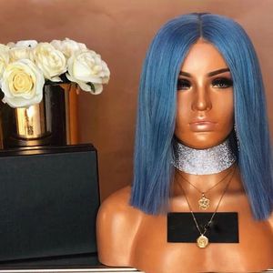 Wigs 14Inch Short Blue Wig Synthetic Lace Front Wig With Baby Hair High Temperature Fiber Hair bob wig For African American