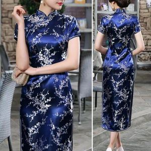 Roupas étnicas Qipao Elegante Estilo Nacional Chinês Floral Bordado Cheongsam Vestido com Gola Alta Side Split Slim Fit para o verão