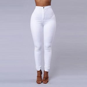 Cor sólida calças de brim magros mulher branco preto cintura alta render vintage sexy calças compridas femme casual lápis denim 240103