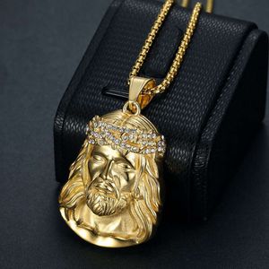 Ретро-модное новое позолоченное ожерелье из нержавеющей стали в стиле хип-хоп с бриллиантами, религиозное ожерелье с подвеской в виде Иисуса для мужчин