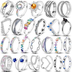 Anillo de plata de ley 925 con circonita colorida y arcoíris, 20 diseños, anillos de múltiples capas para mujer, anillos de plata 925 originales, regalo de joyería de marca