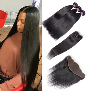 Grad 8a Virgin Indian Straight Human Hair Bundles With Frontal 100 Brasilian Human Hair Weaves Extensions 3 Bunds med 4x4 Lac6022820